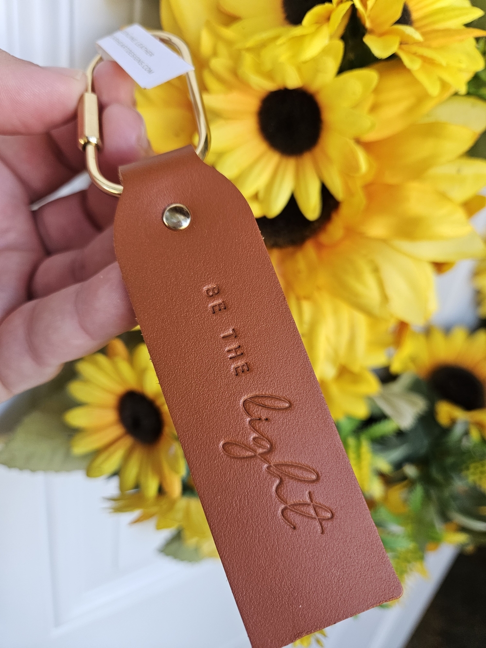 Be the Light Brown Leather Keychain with Gold Hardware
